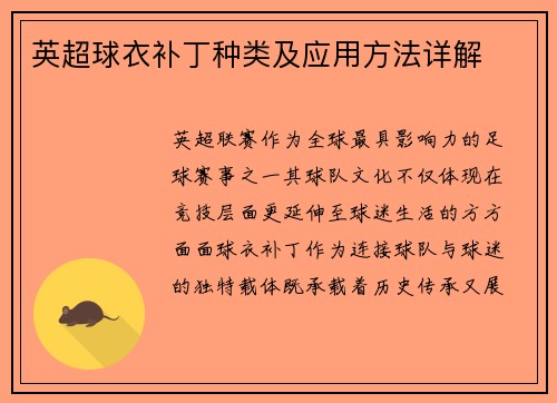 英超球衣补丁种类及应用方法详解