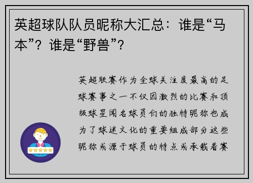 英超球队队员昵称大汇总：谁是“马本”？谁是“野兽”？